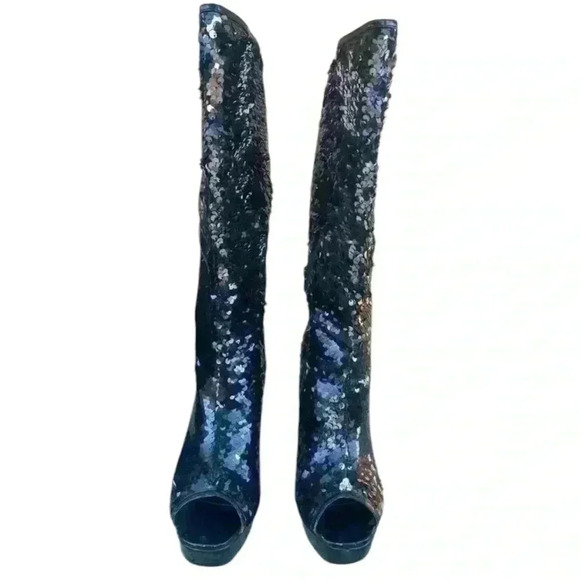 Ten Thirty One sequin black knee-high heels peep toe size 9 - Picture 3 of 5